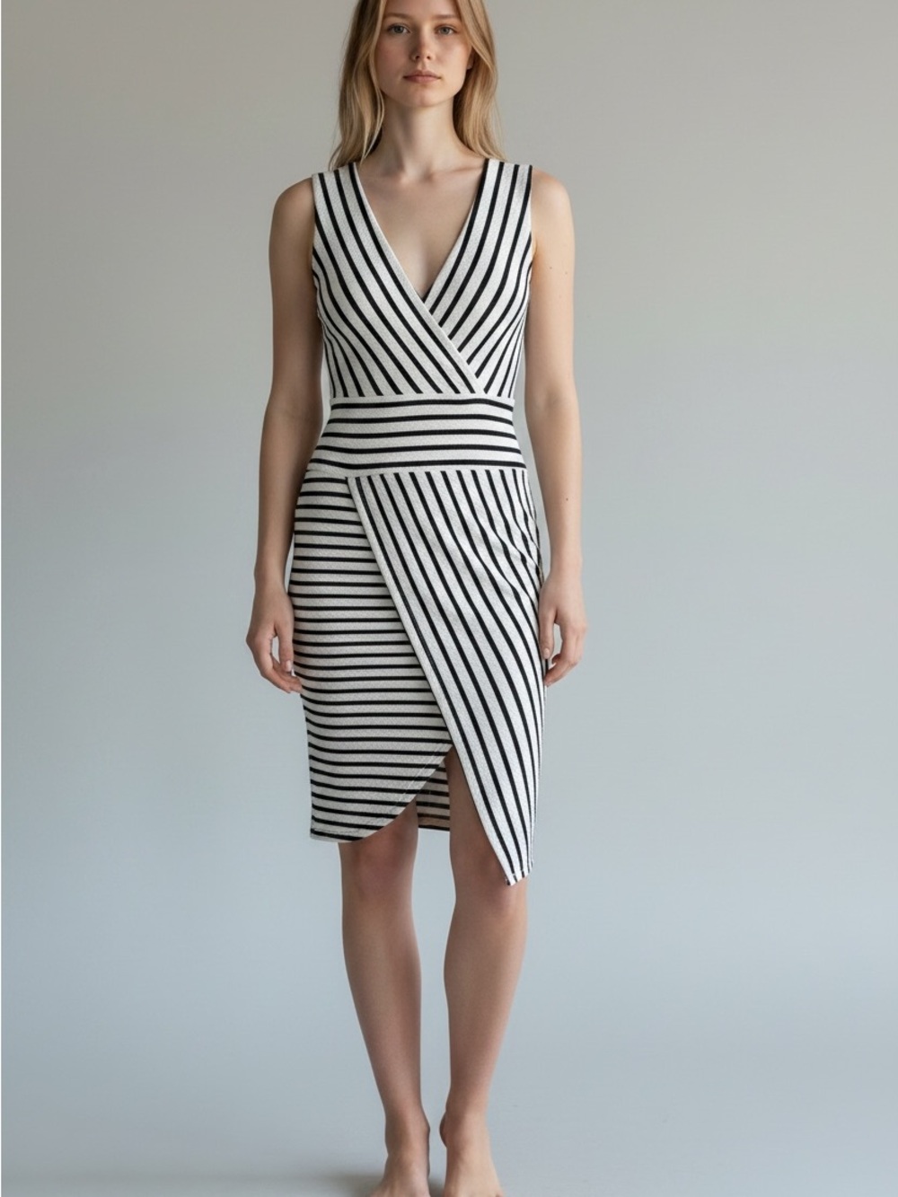 Almost Famous Black and White Striped Wrap Midi Dress